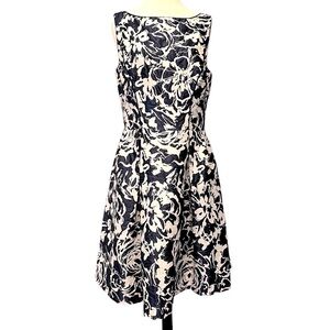 THEIA Luxe Floral Day Dress Silk Blue White A-line Sleeveless Fit Flare Sz 12